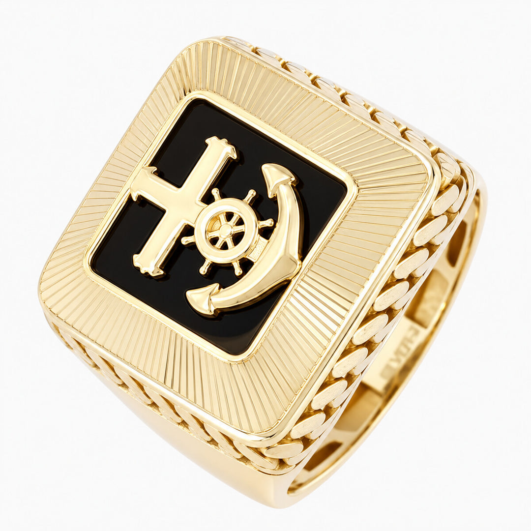 Mens Fashion Ring 10K Yellow Gold Men's Nautical Signet Ring Pochy Jewelry in Miami