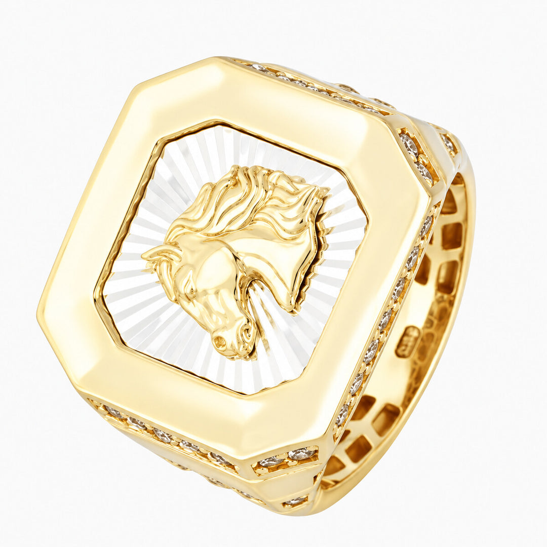 Mens Fashion Ring 10K Yellow Gold Men's Horse Head Signet Ring Pochy Jewelry in Miami
