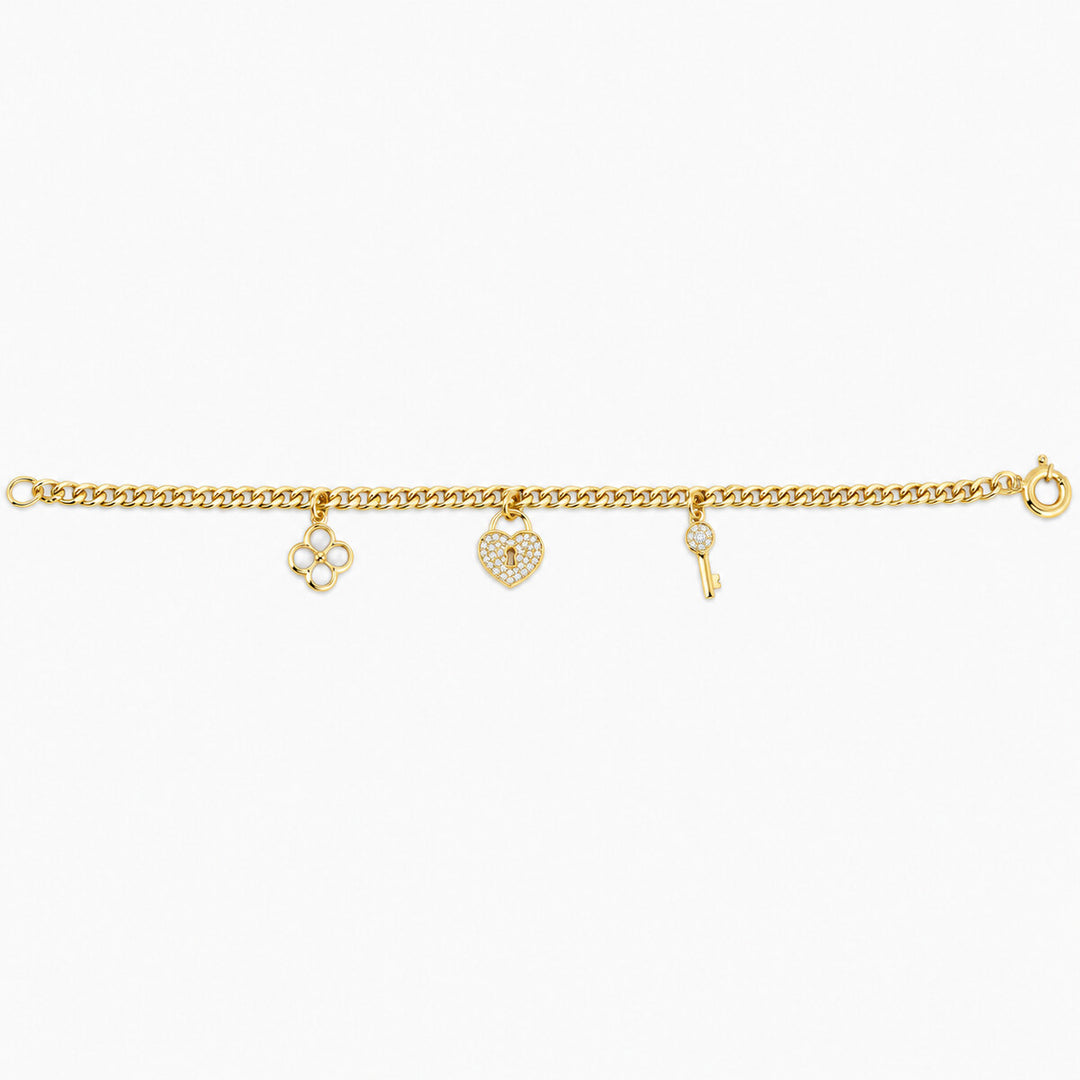 Women's Bracelet 10K Yellow Gold Clover Heart and Key Charm Bracelet Pochy Jewelry in Miami
