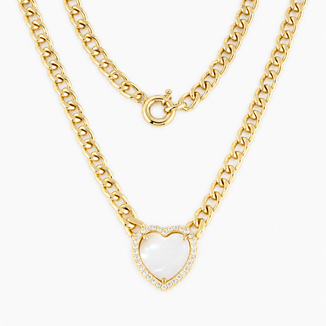 Women's Necklace 10K Yellow Gold White Heart CZ Link Necklace Pochy Jewelry in Miami