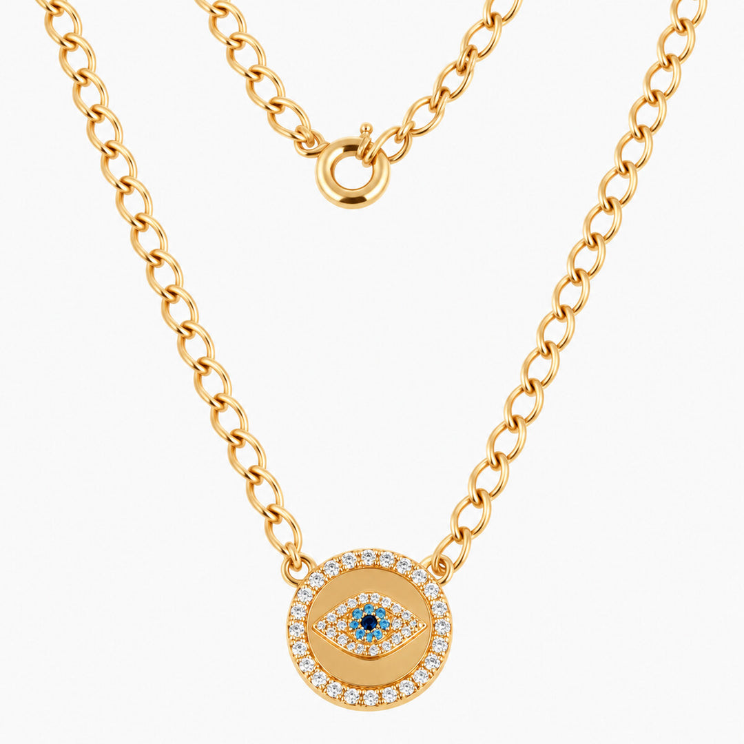Women's Necklace 10K Yellow Gold Blue Eye Medallion Necklace Pochy Jewelry in Miami