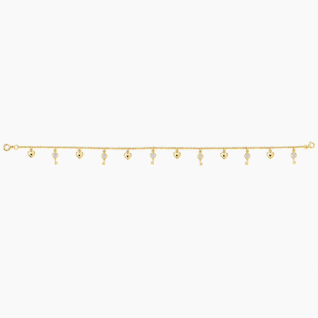 Women's Bracelet 10K Yellow Gold Heart and Key Charm Bracelet Pochy Jewelry in Miami