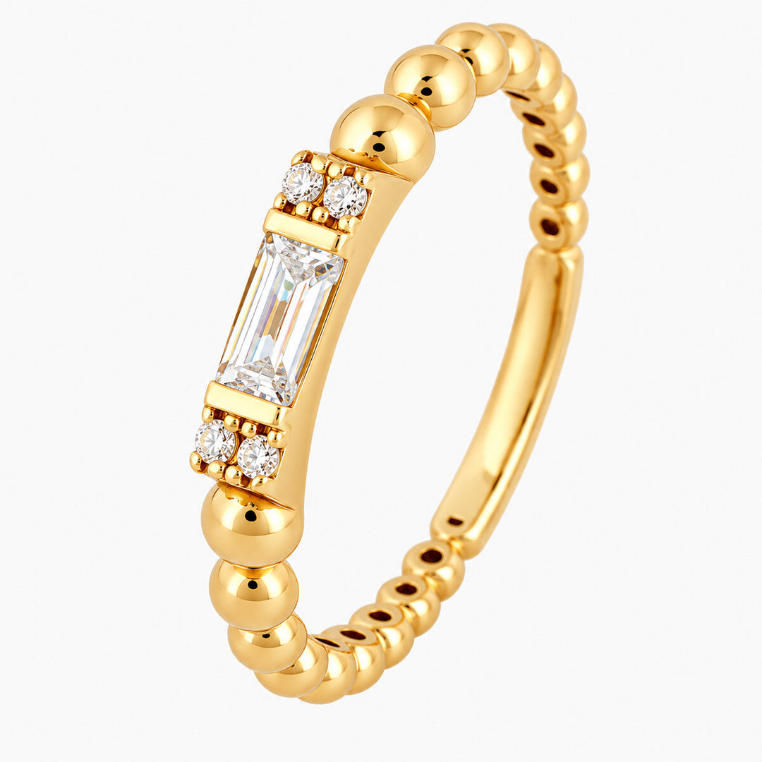 Women's Ring 10K Yellow Gold Beaded Baguette CZ Band Ring Pochy Jewelry in Miami