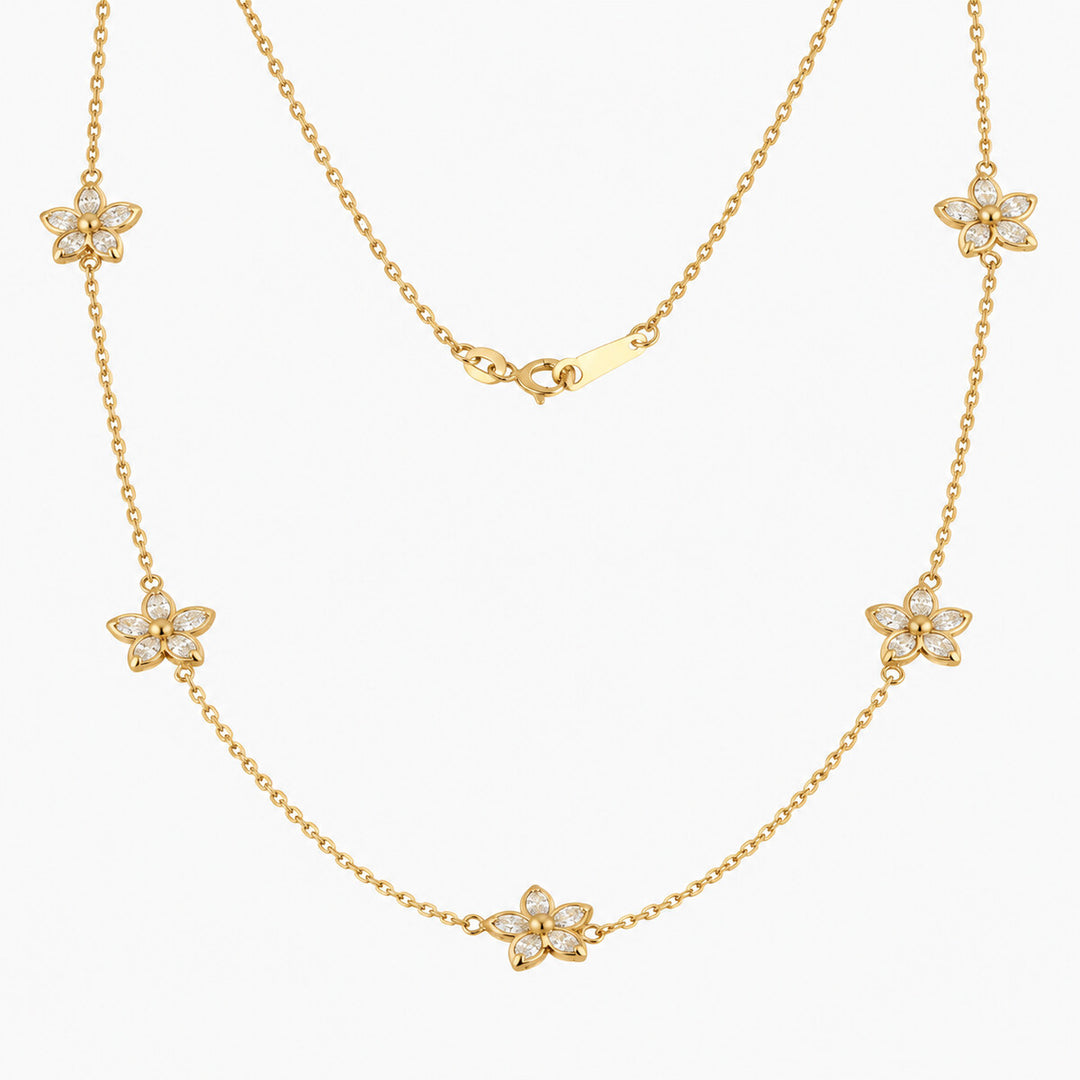 Women's Necklace 10K Yellow Gold Five Flower CZ Station Necklace Pochy Jewelry in Miami