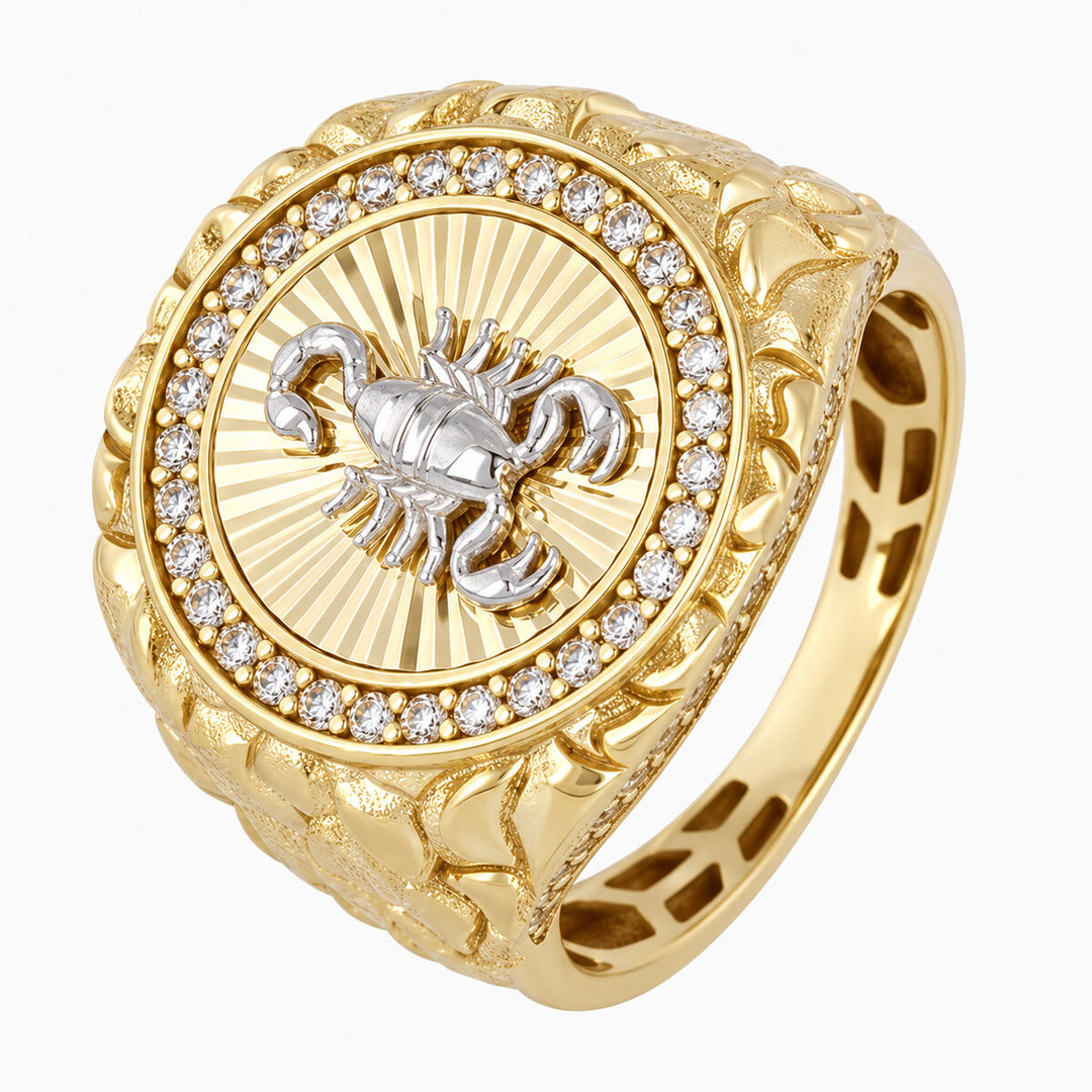 Mens Fashion Ring 10K Yellow Gold Men's Oval Scorpion CZ Signet Ring Pochy Jewelry in Miami