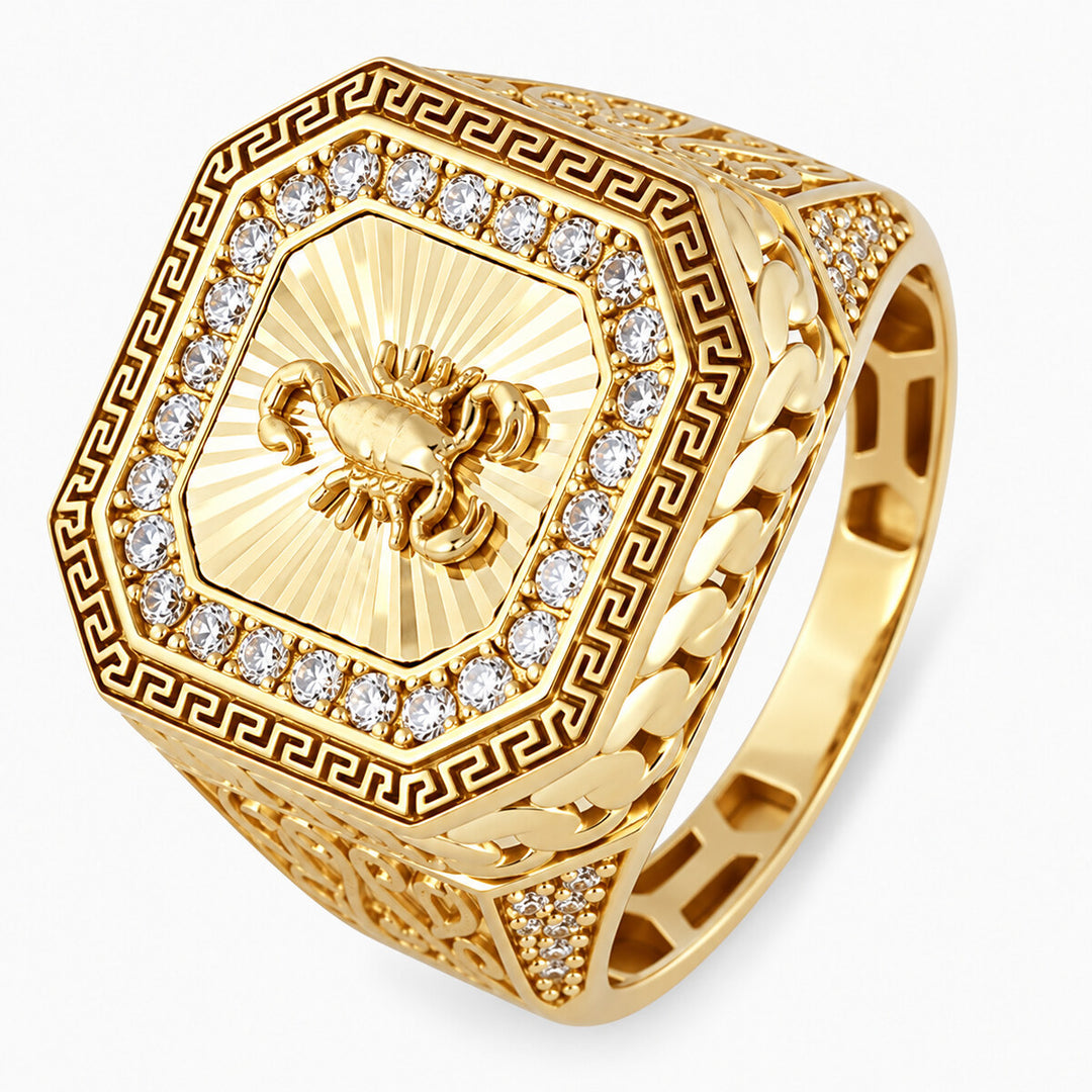 Mens Fashion Ring 10K Yellow Gold Men's Greek Key Scorpion CZ Signet Ring Pochy Jewelry in Miami