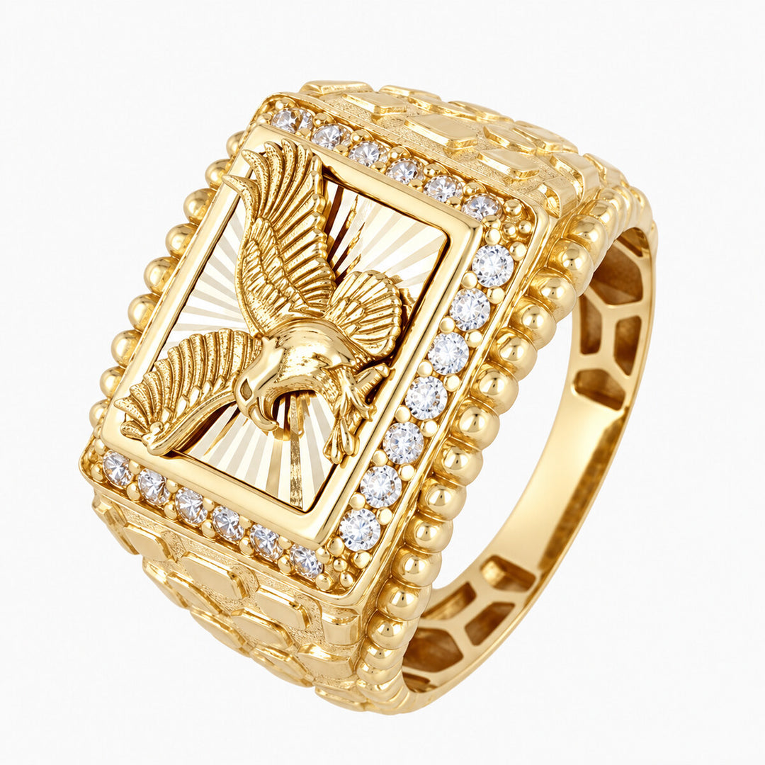 Mens Fashion Ring 10K Yellow Gold Men's Rectangular Eagle CZ Ring Pochy Jewelry in Miami