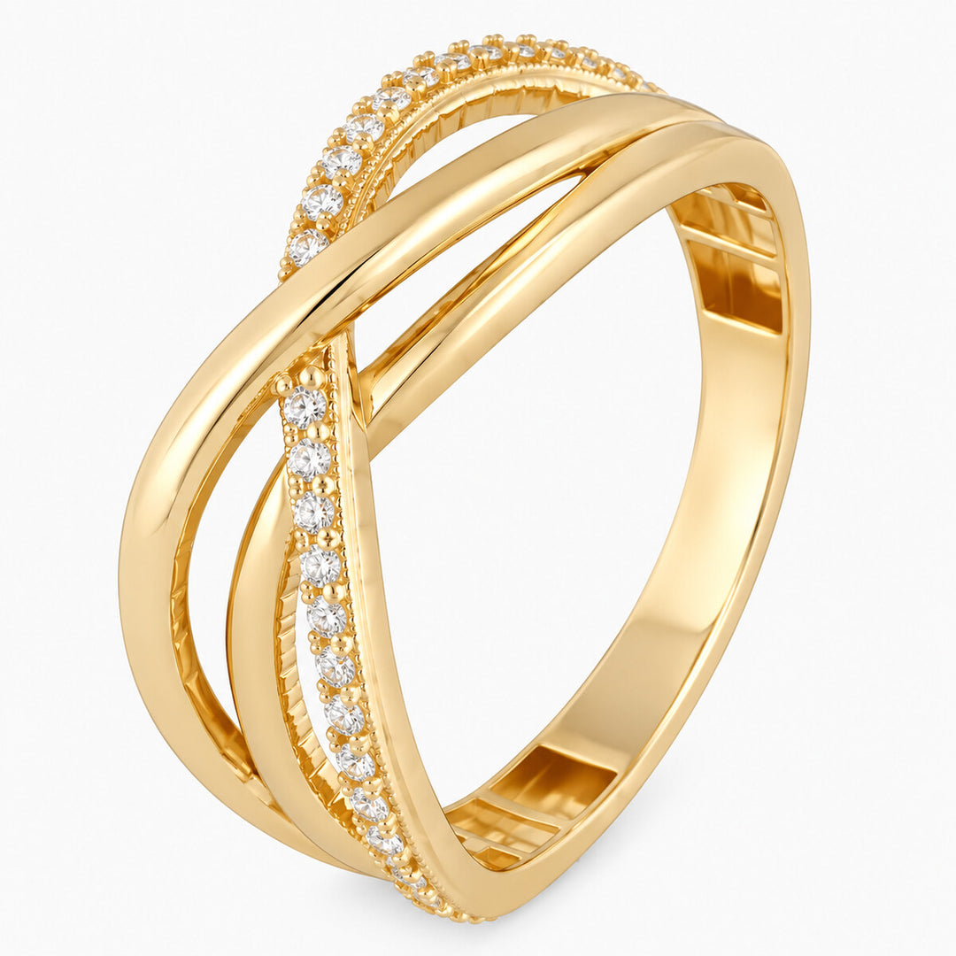 Women's Ring 10K Yellow Gold Braided Crossover CZ Ring Pochy Jewelry in Miami