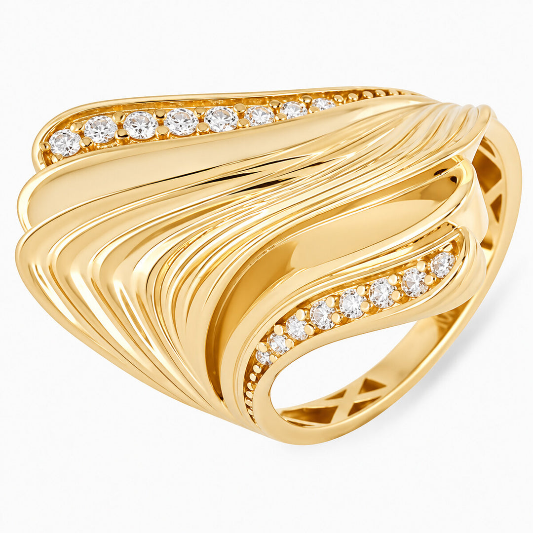 Women's Ring 10K Yellow Gold Flowing Ribbon CZ Ring Pochy Jewelry in Miami
