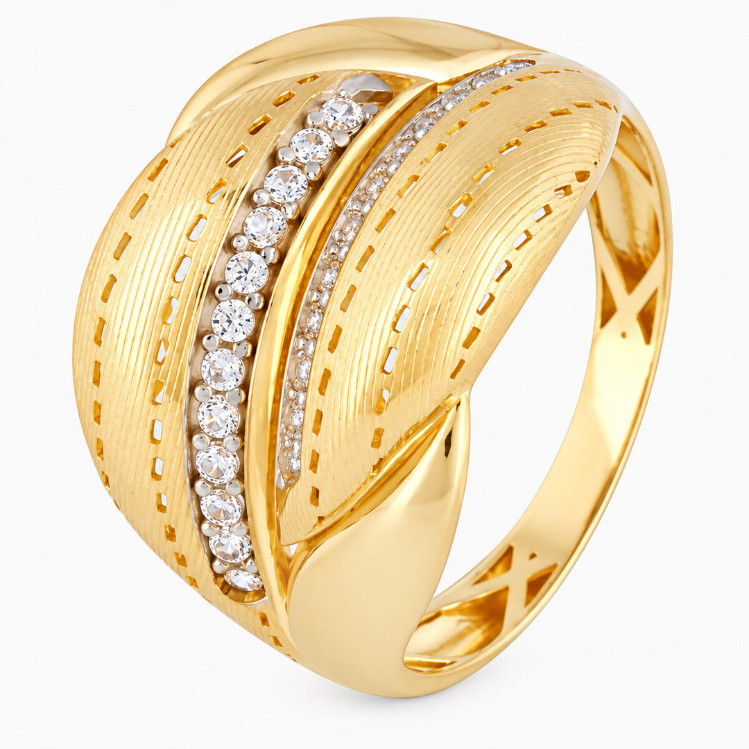 Women's Ring 10K Yellow Gold Two-Tone Sculpted Leaf CZ Ring Pochy Jewelry in Miami