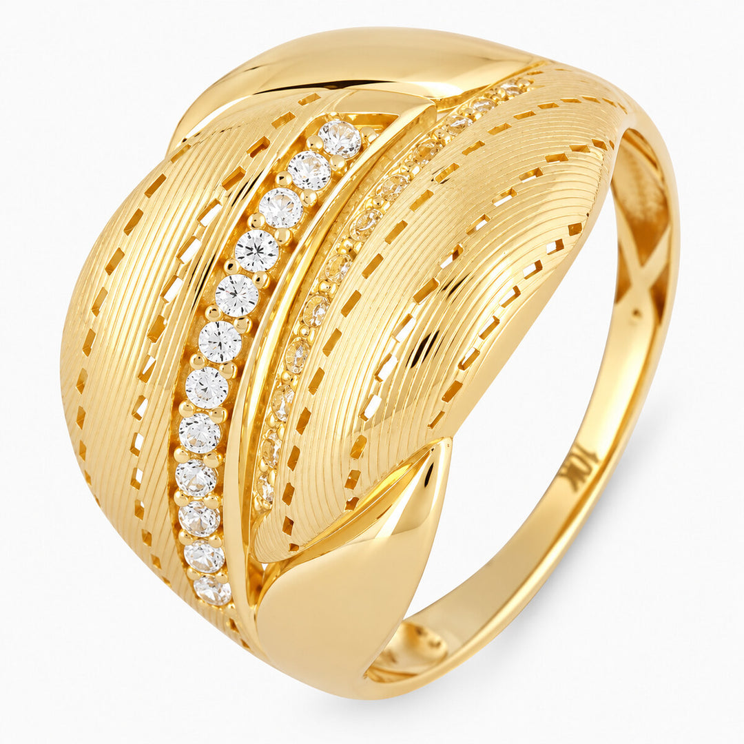 Women's Ring 10K Yellow Gold Sculpted Leaf CZ Ring Pochy Jewelry in Miami