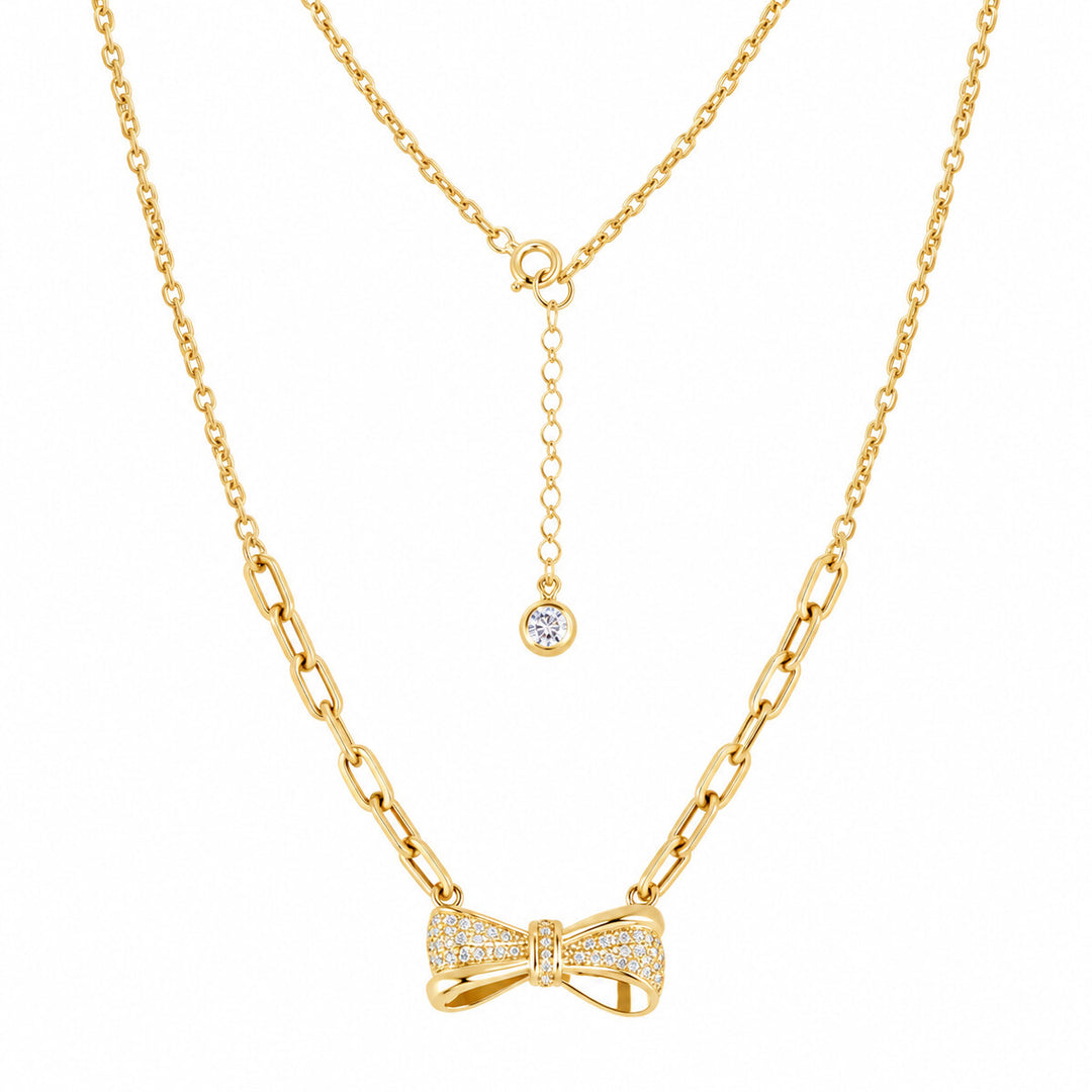 Women's Necklace 10K Yellow Gold CZ Bow Link Necklace Pochy Jewelry in Miami