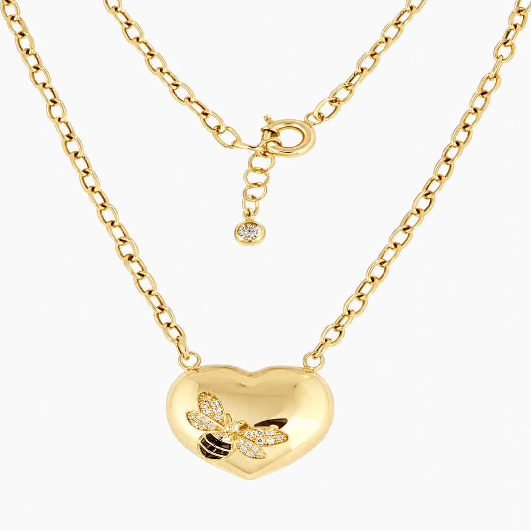 Women's Necklace 10K Yellow Gold Bee Heart CZ Pendant Necklace Pochy Jewelry in Miami