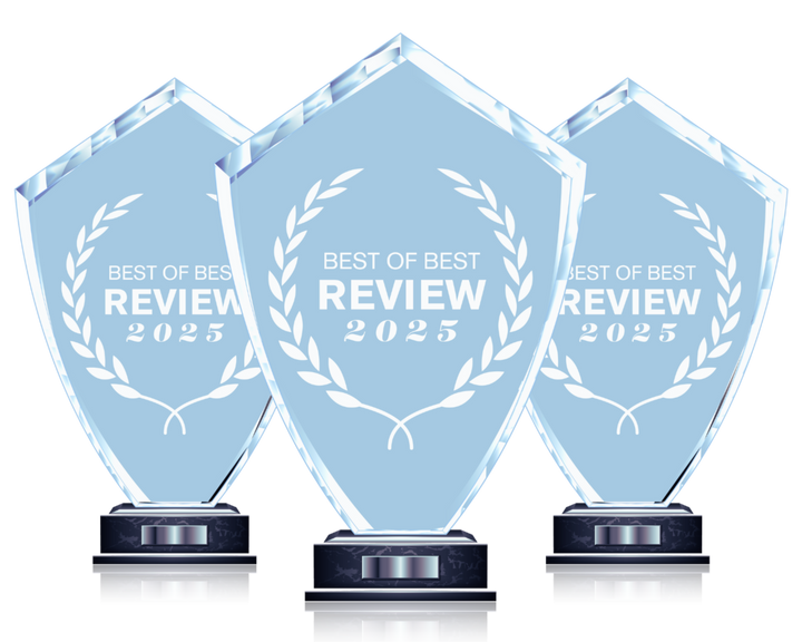Three crystal awards with 'Best of Best Review 2025' text on a white background